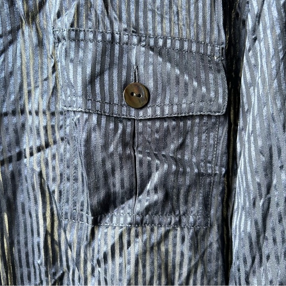 Vintage Chico’s Navy Blue Silk Long-sleeve Sheer/Solid Striped Button up Blouse - Picture 4 of 5